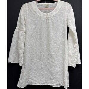 Blue Plate White Cotton Eyelet Tunic Blouse L‎ Boho Bow Henley Bell Sleeve Top